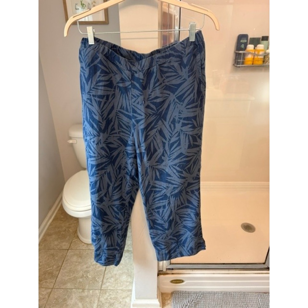 J. Jill Love Linen Blue Tropical Leaf Print 100% Linen Pull On Crop